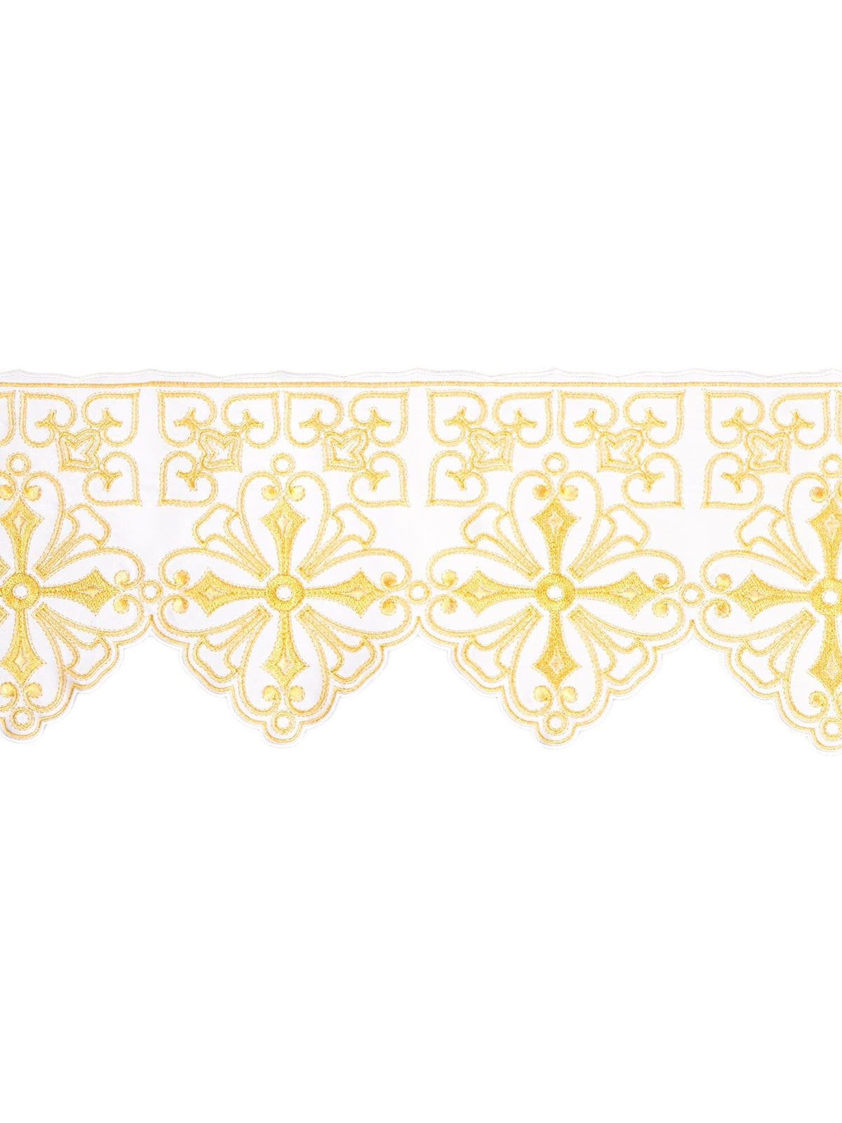 Tecido a metro para toalha de altar com bordado frontal Roseta creme, detalhe da faixa bordada dourada