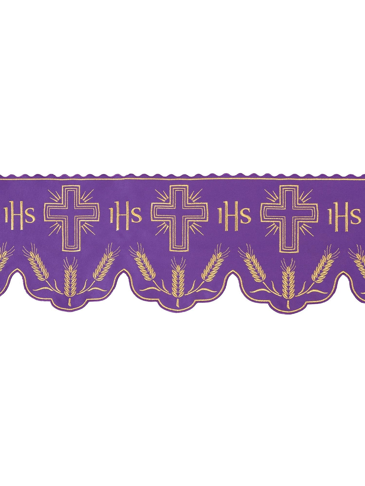 Renda para toalha de altar vermelha com monograma IHS e motivo de cruz, vista frontal roxa com trigo dourado