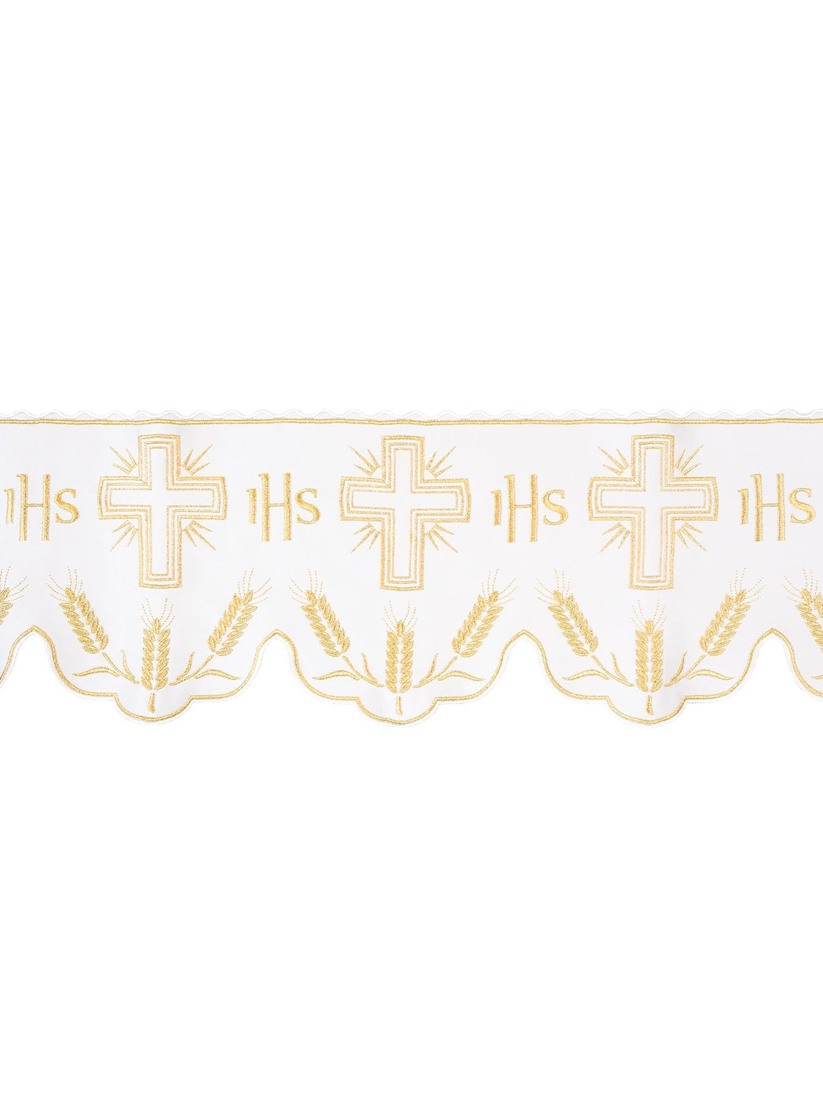 Renda litúrgica para toalha de altar com monograma IHS na cor creme e motivo de cruz, vista ampla