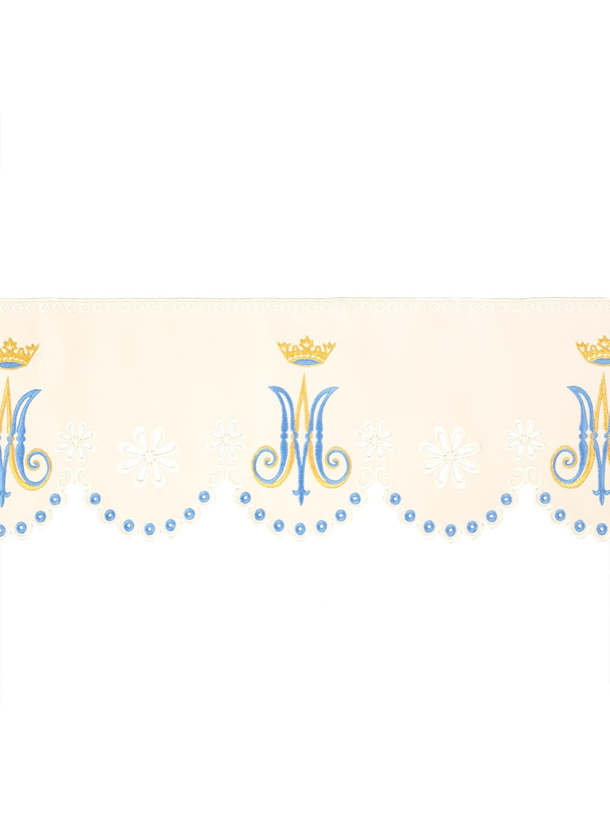 Tecido a metro para toalha de altar com bordado frontal mariano, em ecru, azul e dourado