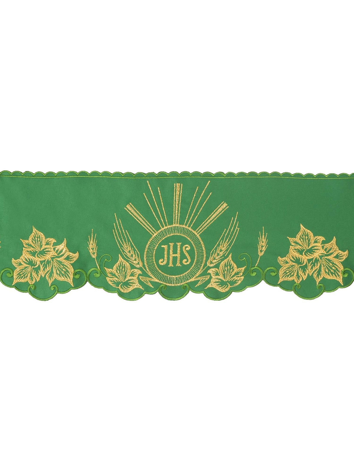 Tecido a metro com bordado frontal IHS verde, vista frontal com bordado dourado e acabamento ornamental