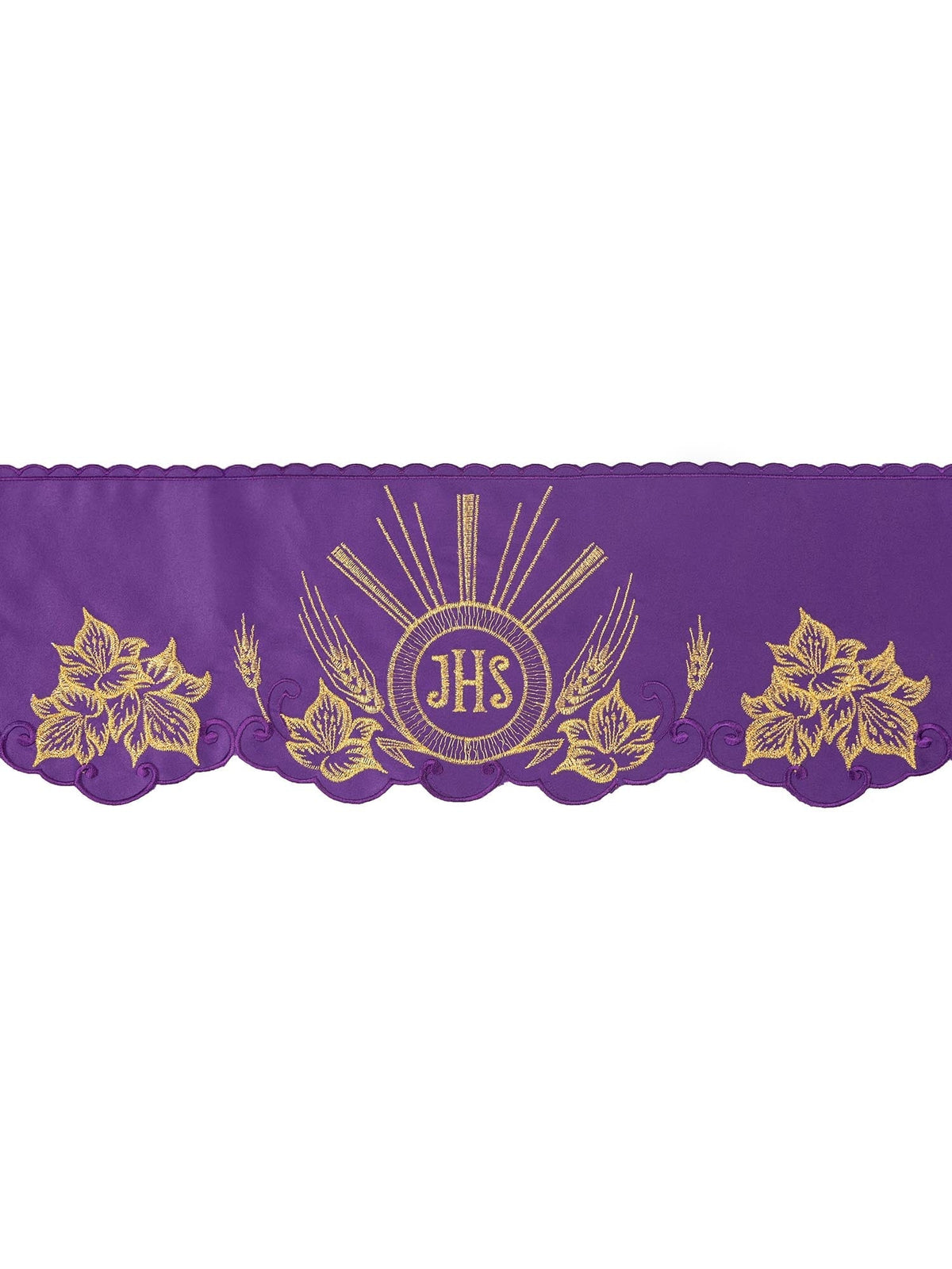 Tecido a metro para toalha de altar com bordado frontal monograma IHS Roxo, vista frontal