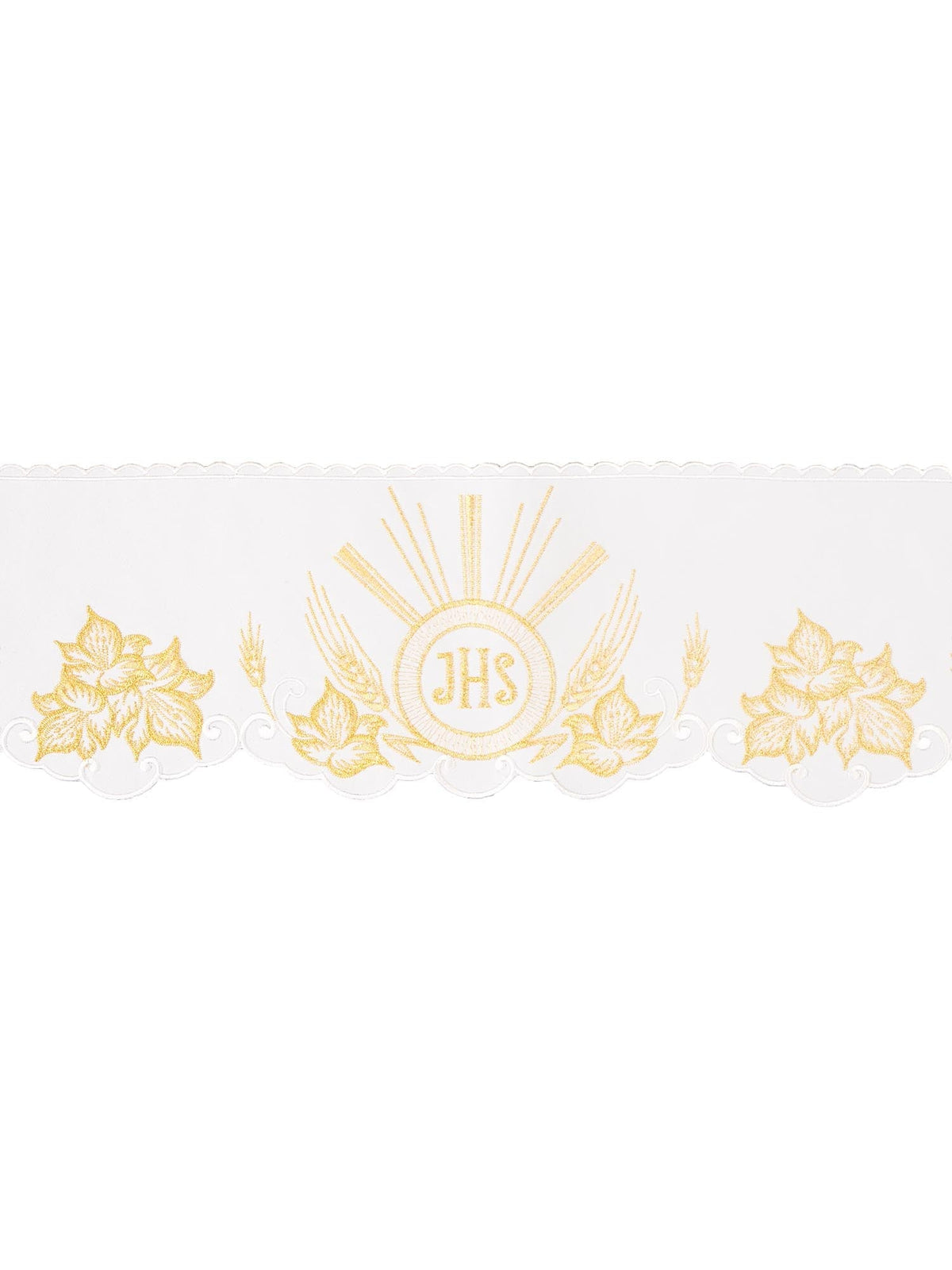 Renda para toalha de altar com bordado frontal IHS branca, vista frontal com monograma IHS dourado e flores