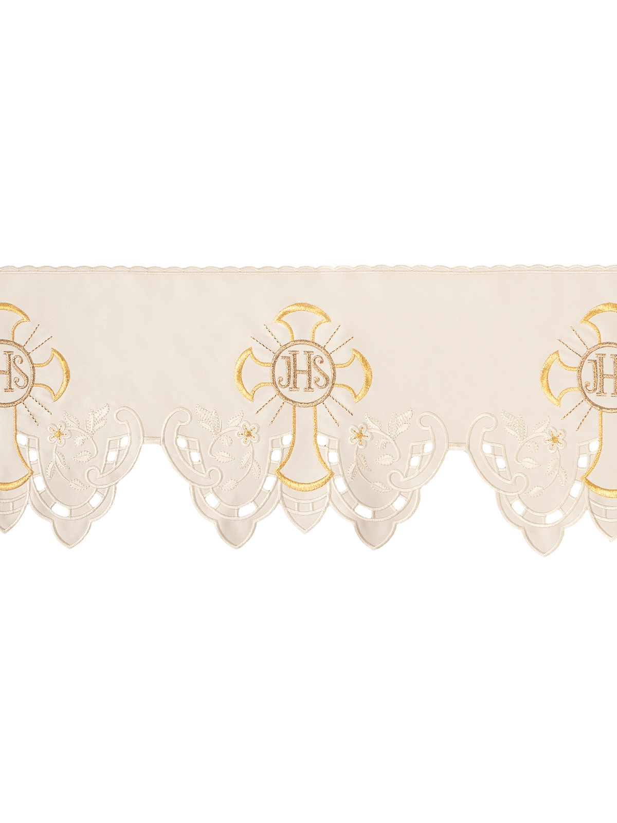Tecido a metro para toalha de altar com bordado frontal monograma IHS Cruz creme, vista frontal