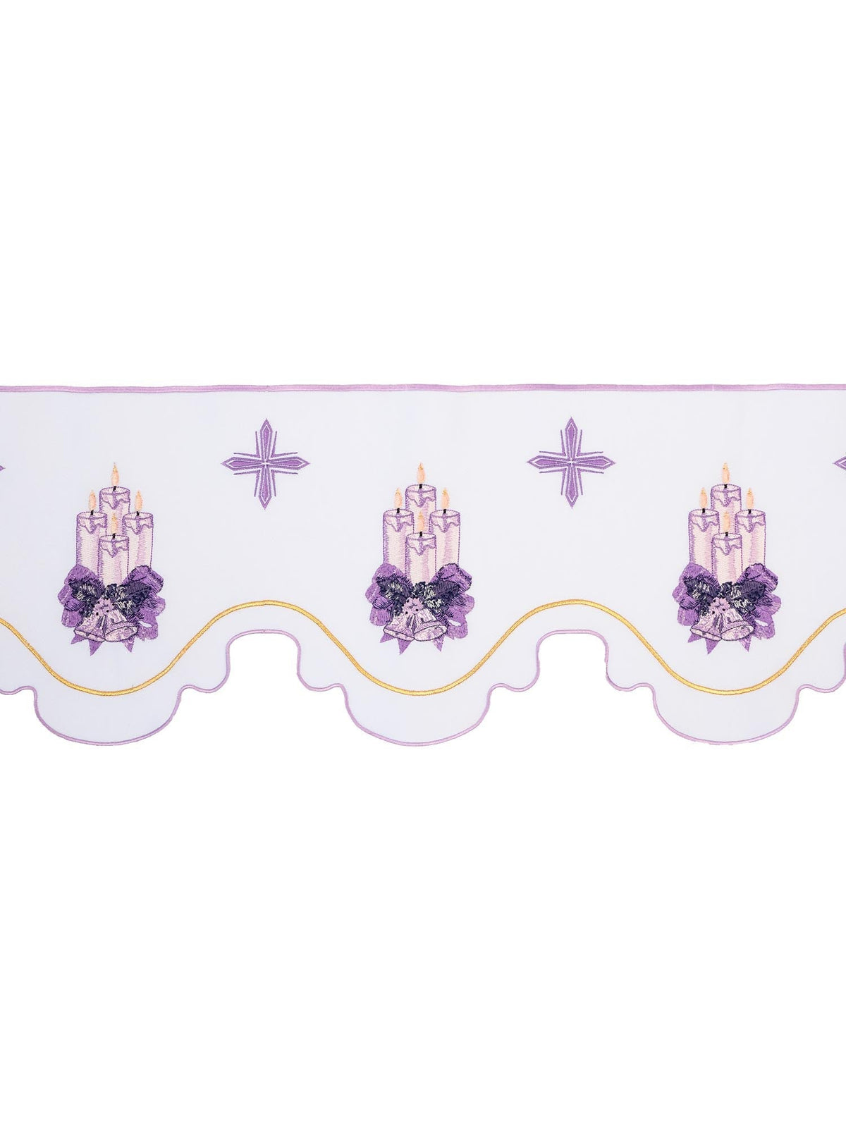 Tecido a metro branco com bordado frontal para o Advento, com velas da coroa do Advento, cruzes e acabamento ondulado