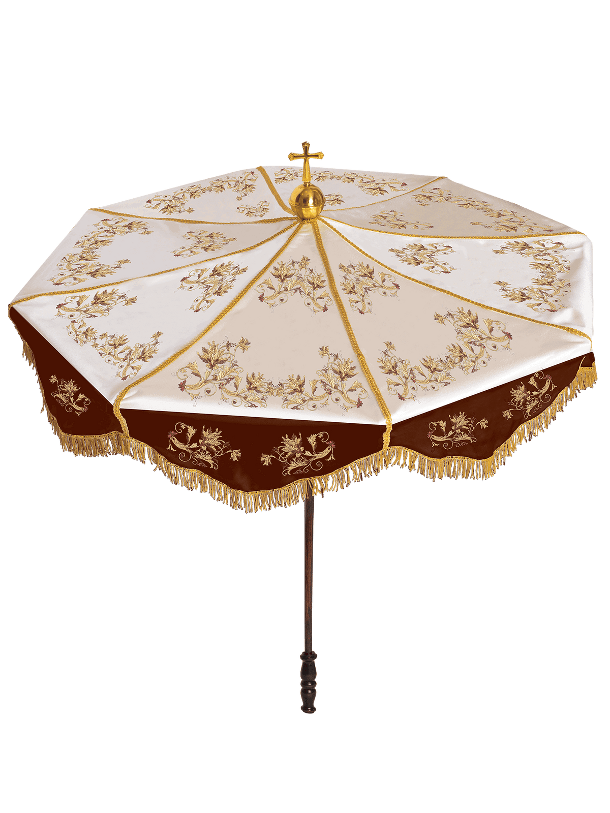 Umbela processional bordô e creme com bordado, vista frontal com cruz dourada e franjas