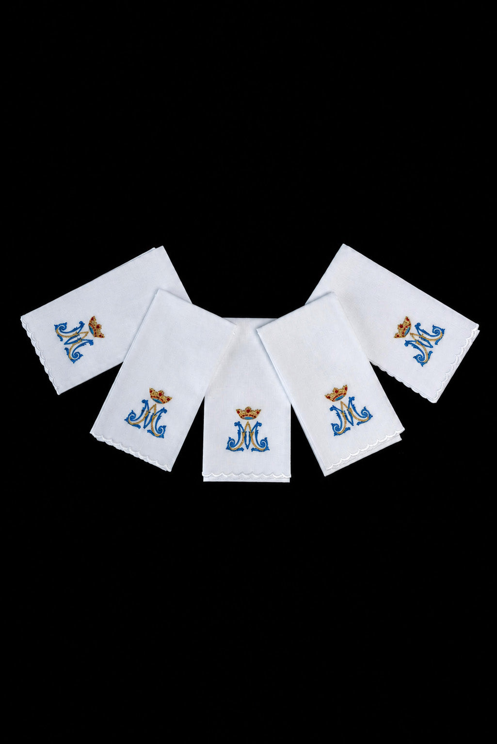 Sanguíneos litúrgicos com bordado mariano, conjunto com 5, brancos com motivo mariano dourado e azul