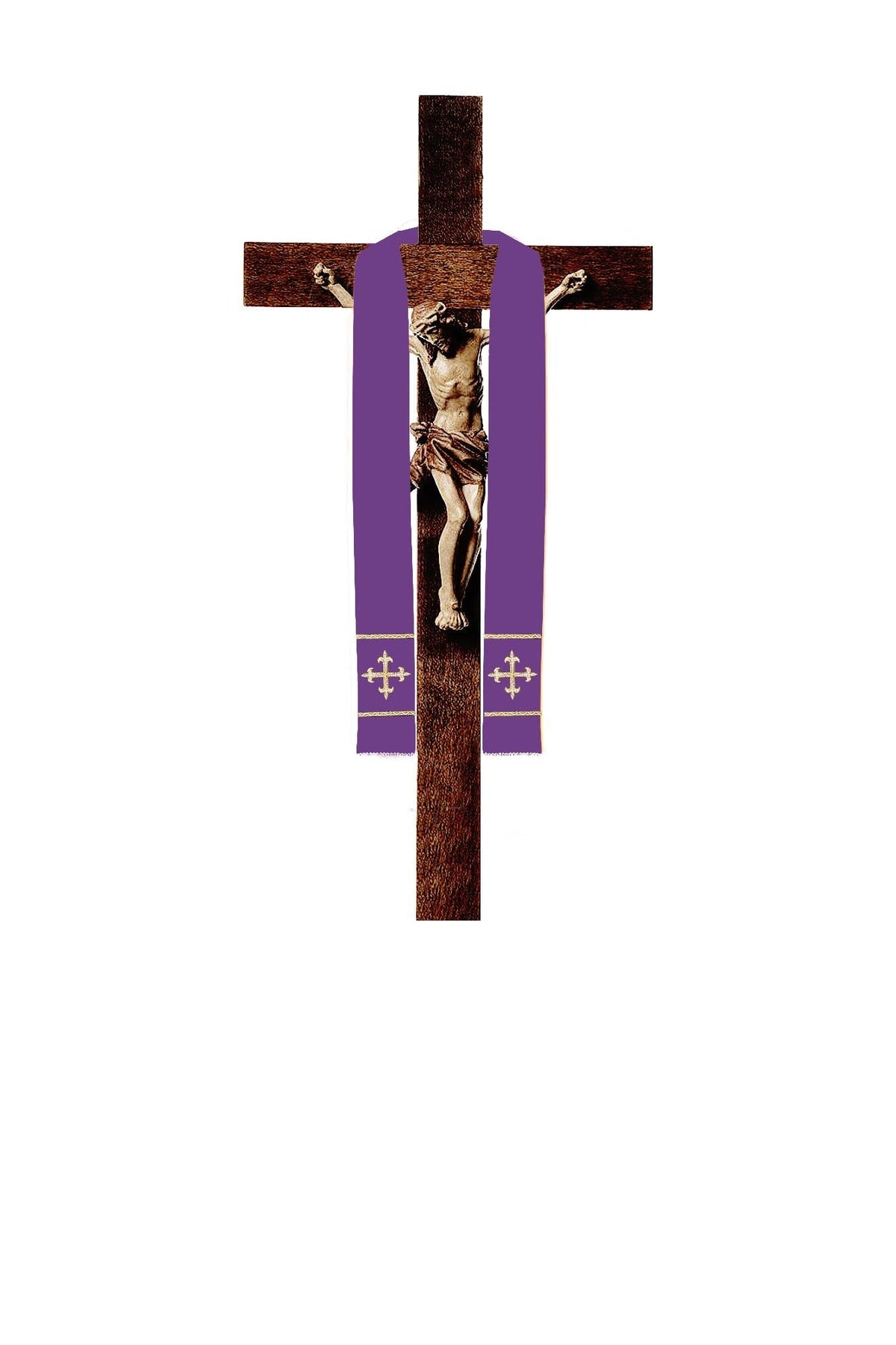 Estola curta para crucifixo roxa, vista frontal, com cruzes bordadas nas pontas