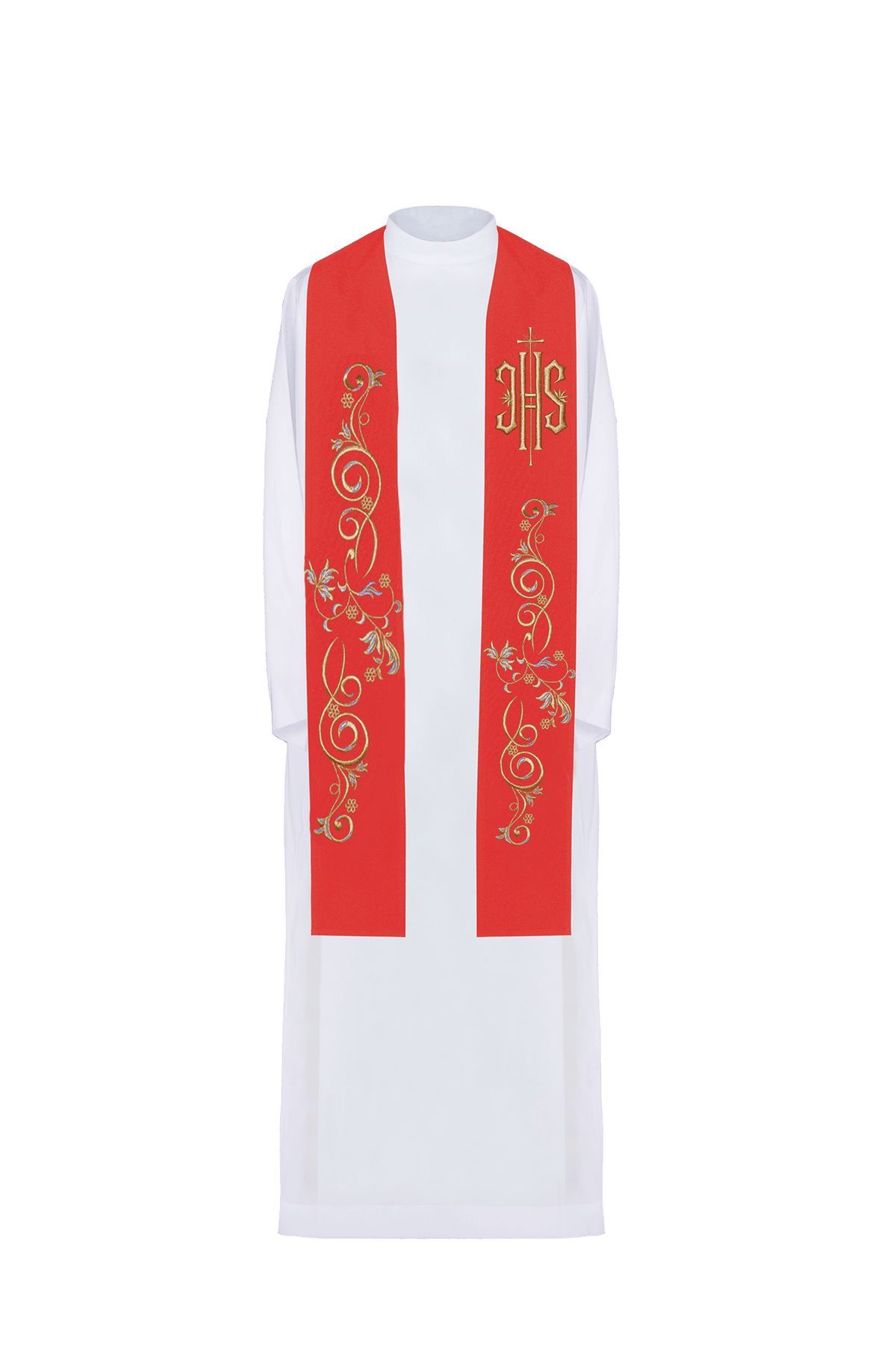 Estola sacerdotal bordada IHS vermelha, vista frontal, com arabescos florais dourados e azuis