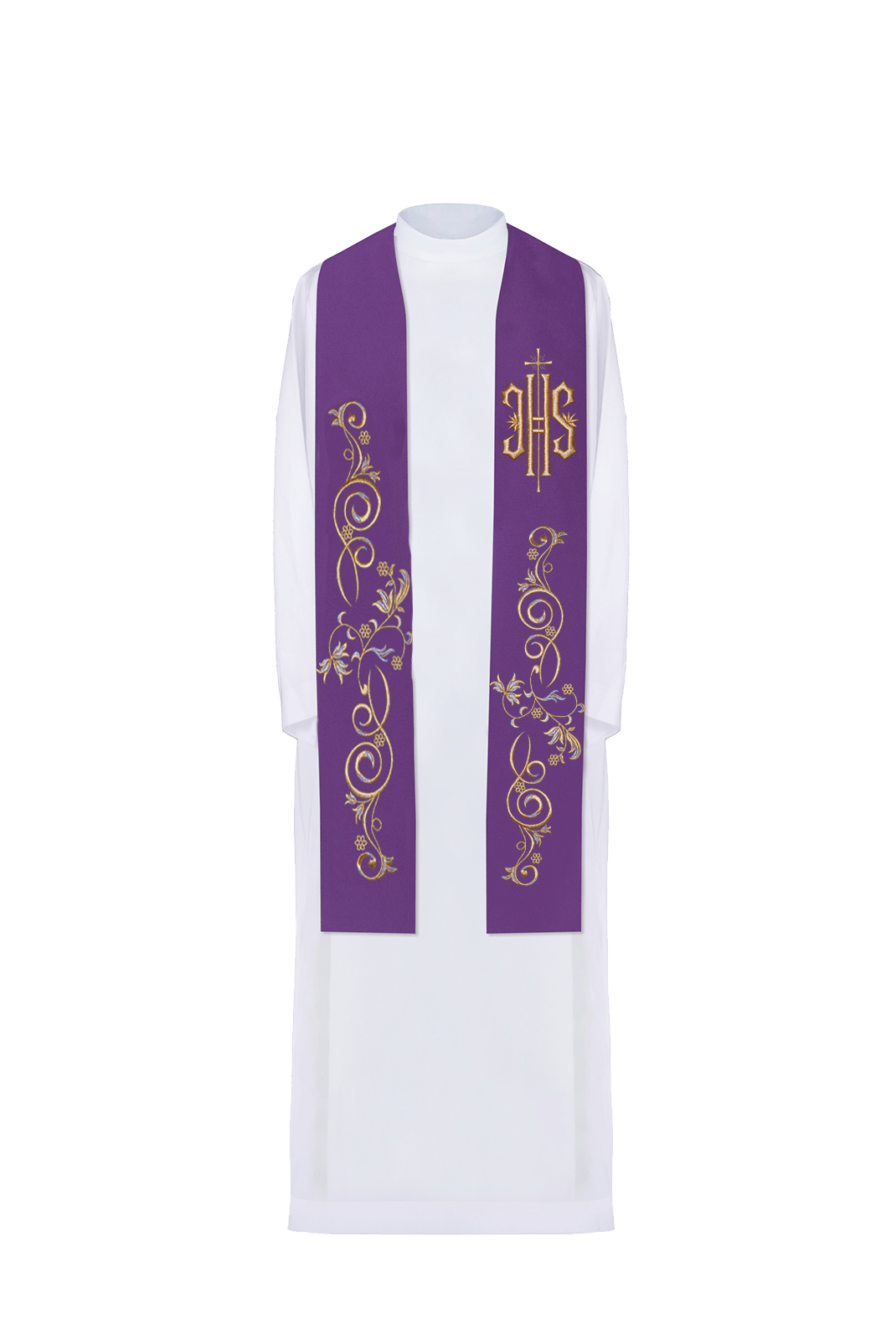 Estola sacerdotal roxa bordada com IHS, vista frontal com arabescos florais dourados