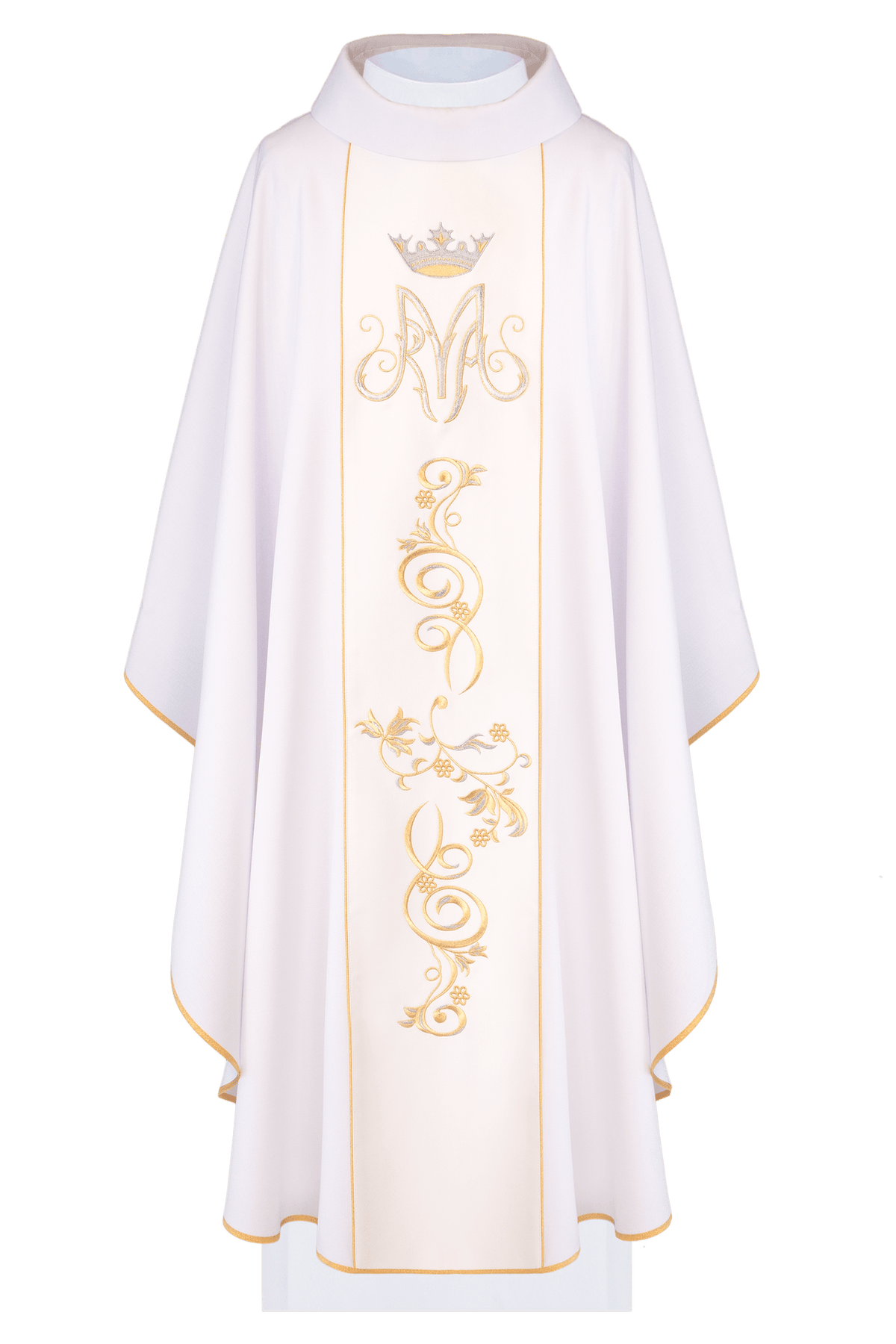 Casula litúrgica mariana com faixa bordada branca, vista frontal, com monograma mariano e bordado dourado