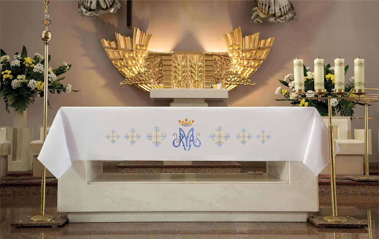 Toalha de altar com bordado frontal mariano azul