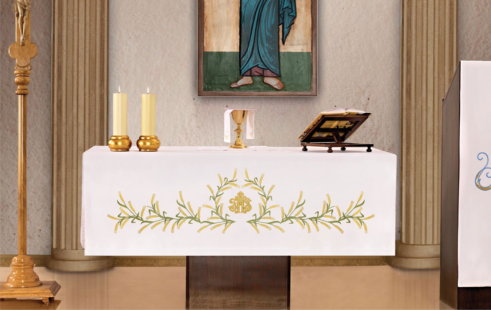 Toalha de altar com bordado frontal de espigas de trigo