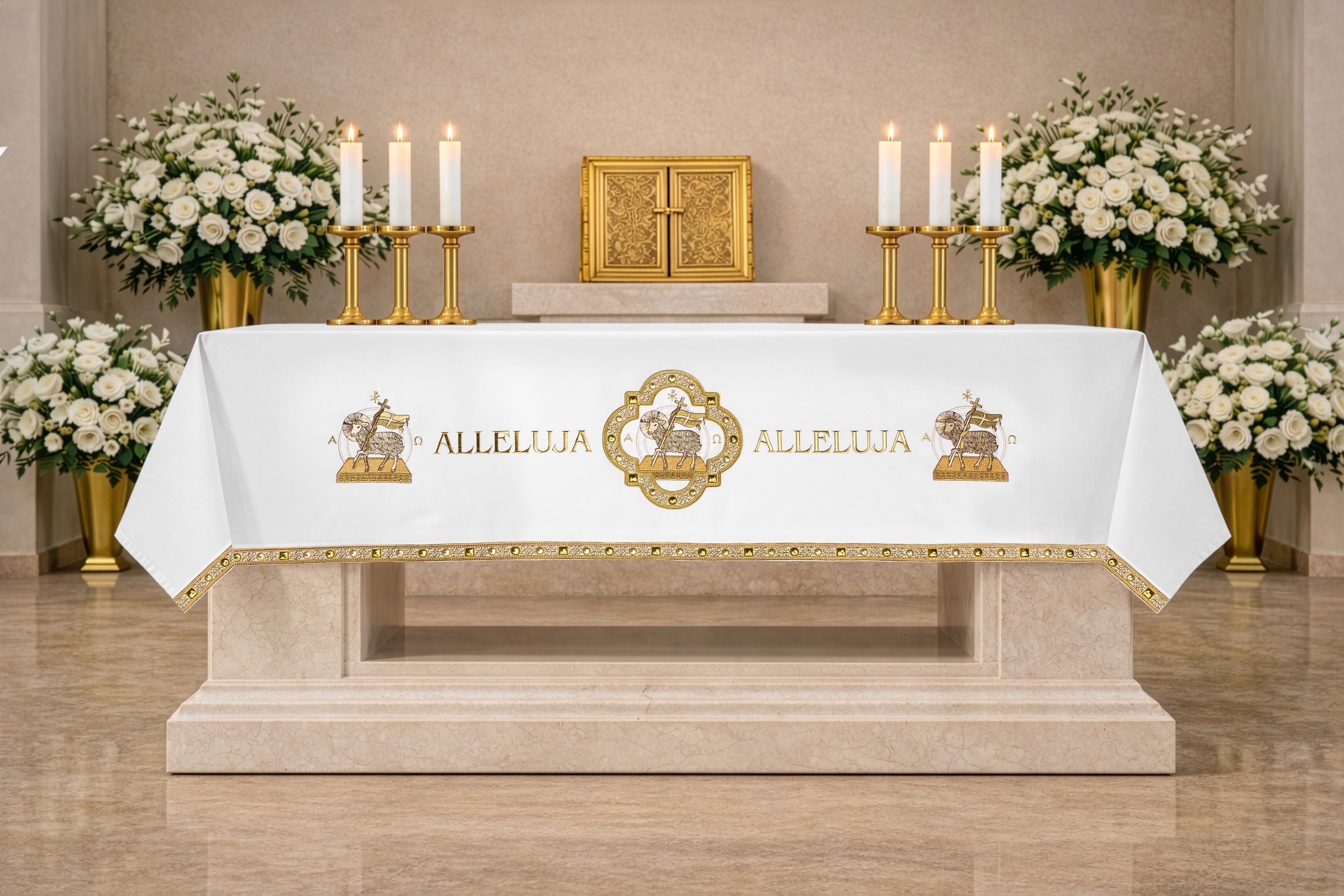 Toalha de altar branca com bordado do Cordeiro Pascal e 'Aleluia'