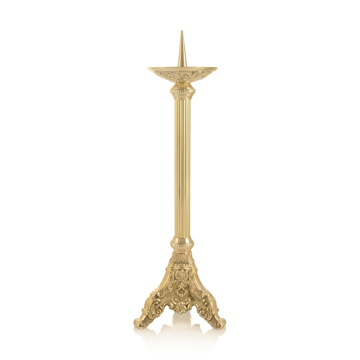 Castiçal - latão - 50 cm, vista frontal dourada com coluna canelada e base ornamentada
