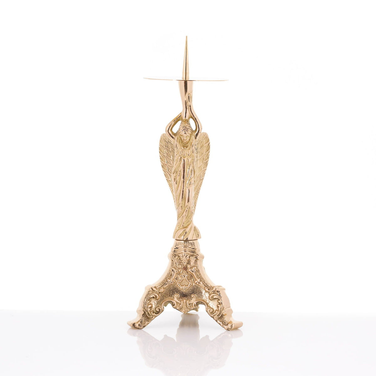 Castiçal de latão - 27 cm, vista frontal com anjo alado e base ornamentada