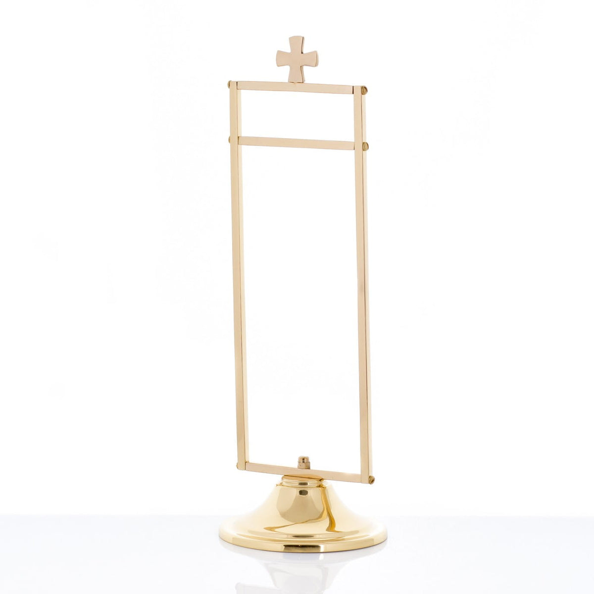 Suporte para sanguíneo - 30 cm - latão, vista frontal com cruz no topo e base redonda