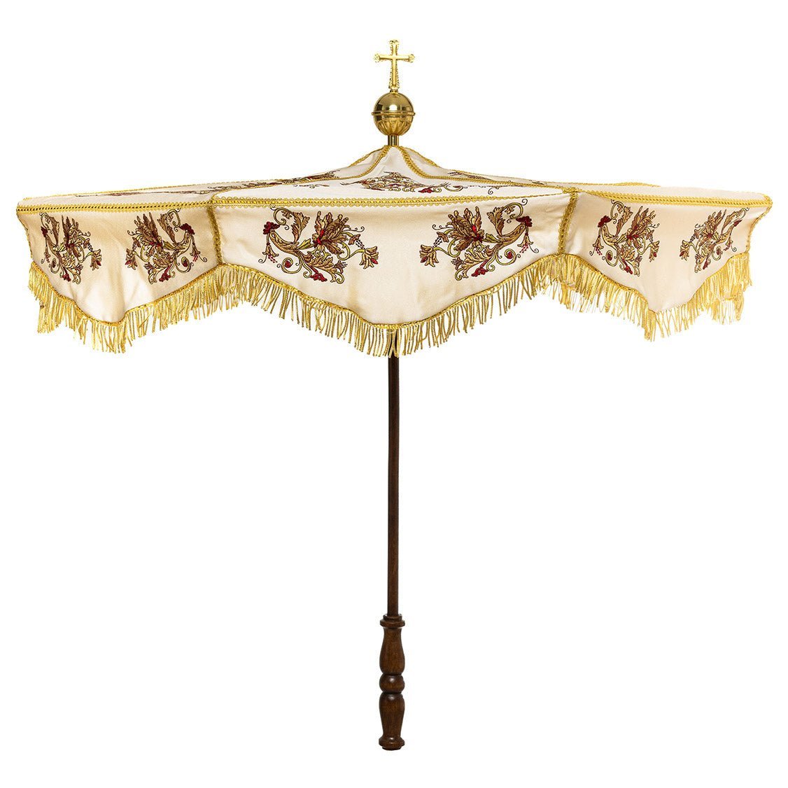 Umbela processional creme com bordado floral e franjas douradas