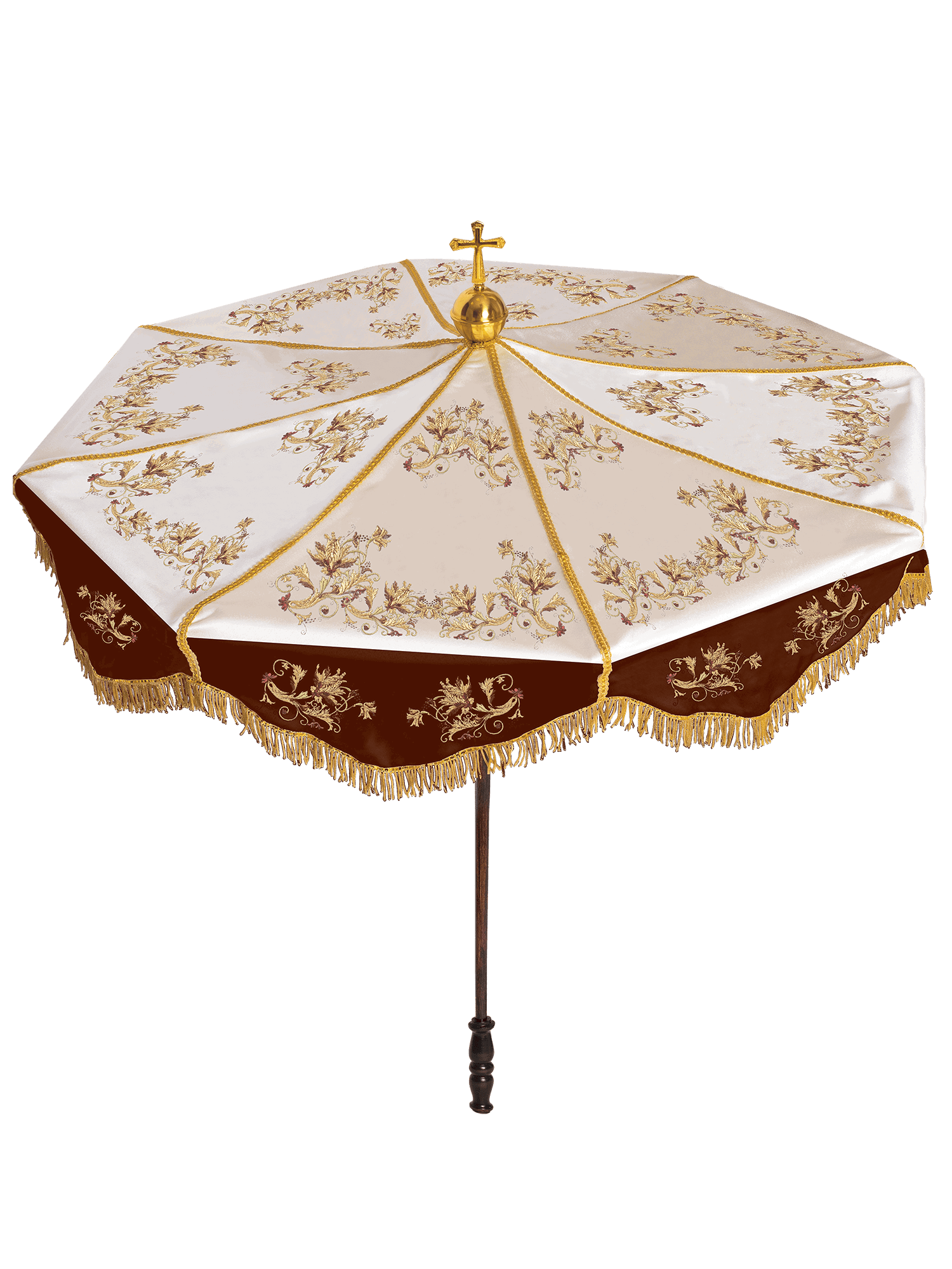Umbela processional bordô e creme com bordado e franjas douradas