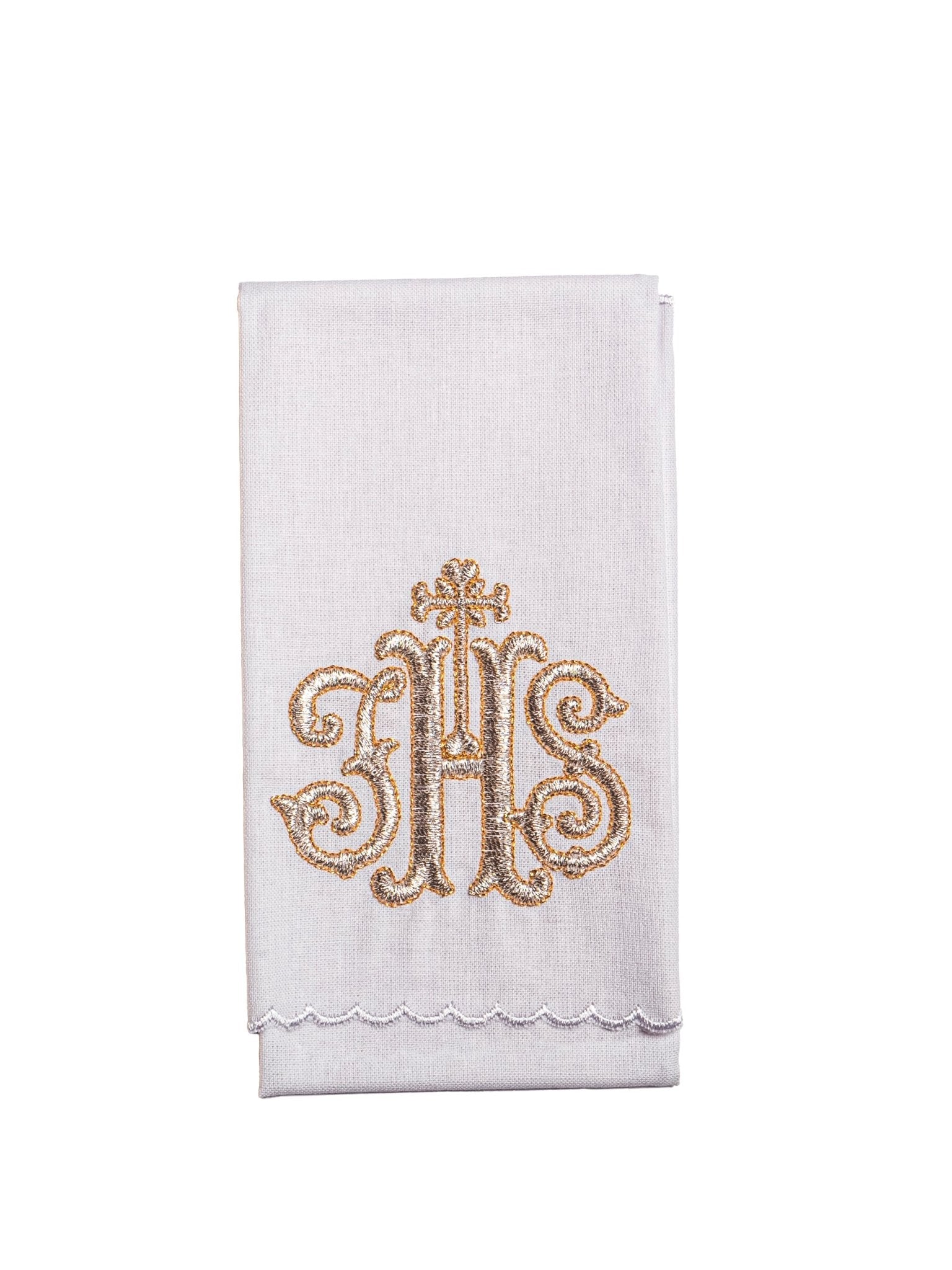 Conjunto de alfaias litúrgicas branco com bordado dourado IHS