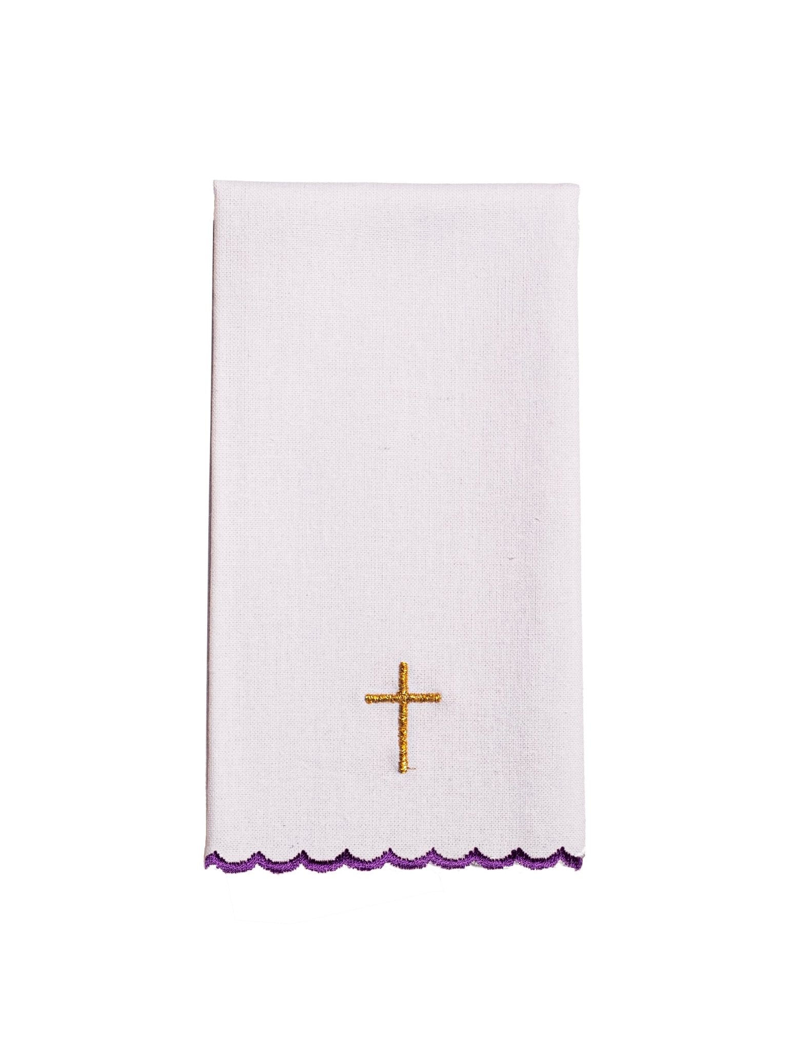Conjunto de alfaias litúrgicas roxo com bordado de cruz dourada