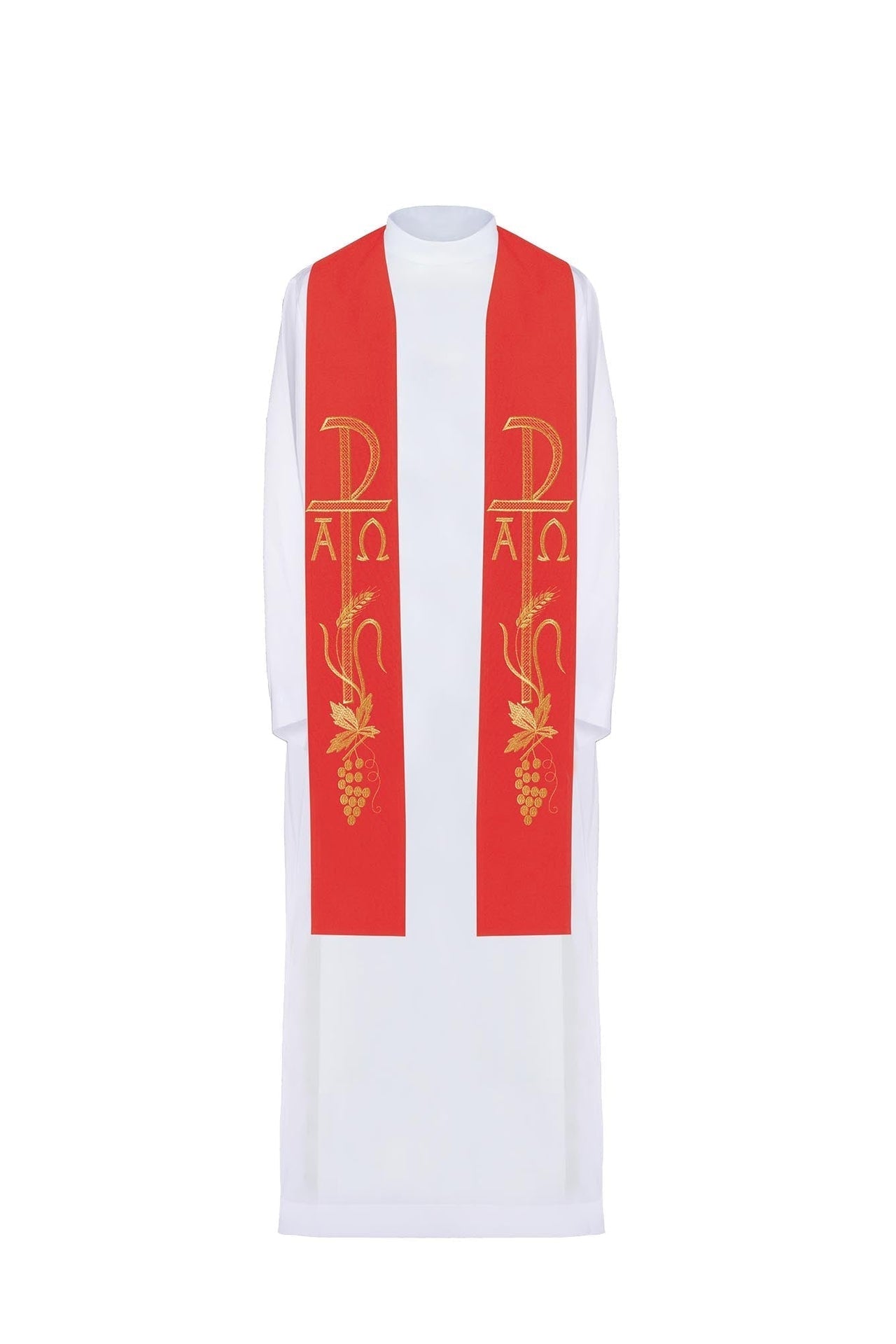 Estola sacerdotal vermelha bordada Alfa e Ômega