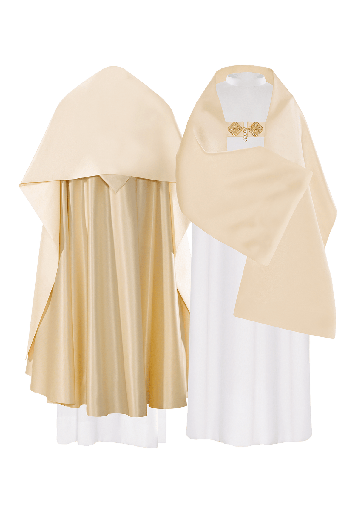 Véu Liso Creme em vista frontal e traseira, liso, com acabamento dourado na borda