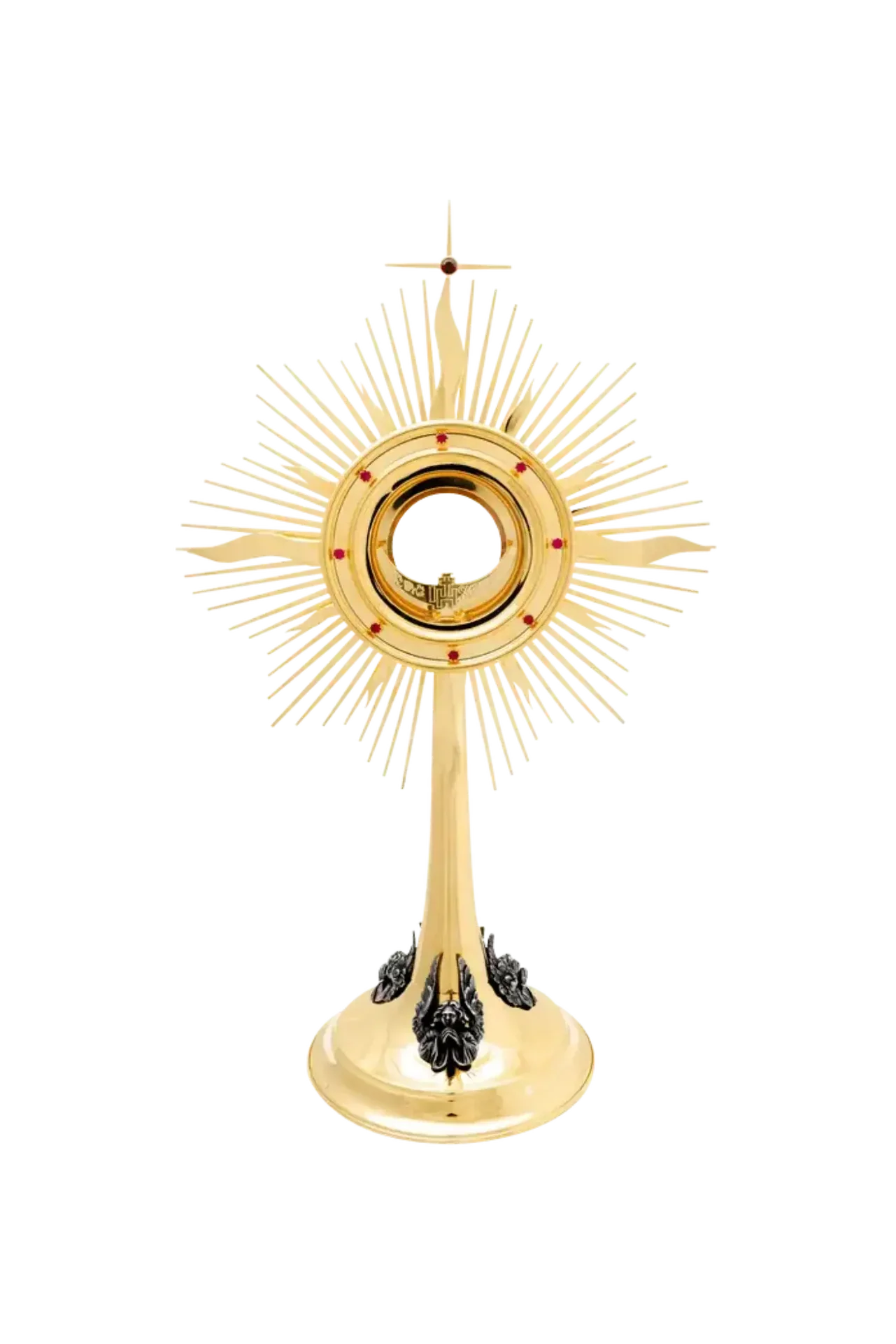 Ostentório litúrgico radiante dourado de 53 cm, decorado com figuras de anjos prateados e pedras de rubi.